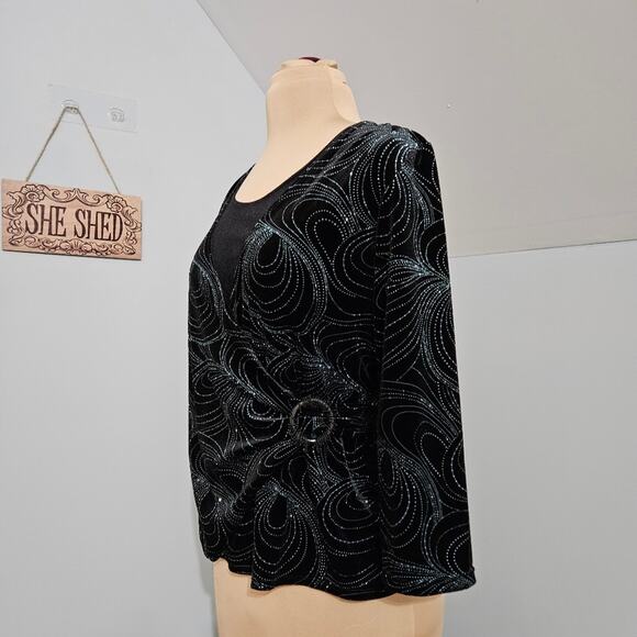 Notations Top Black Aqua Rhinestone Beaded Twofer Crushed Velvet Wrap Buckle PXL - Picture 4 of 11